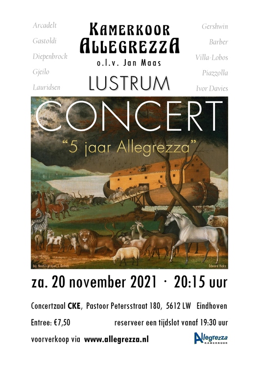Allegrezza lustrumconcert 20-11-2021 - poster; met liederen van Arcadelt, Gastoldi, Diepenbrock, Gjeilo, Lauridsen, Gershwin, Barber, Villa-Lobos, Piazzolla, Ivor Davies